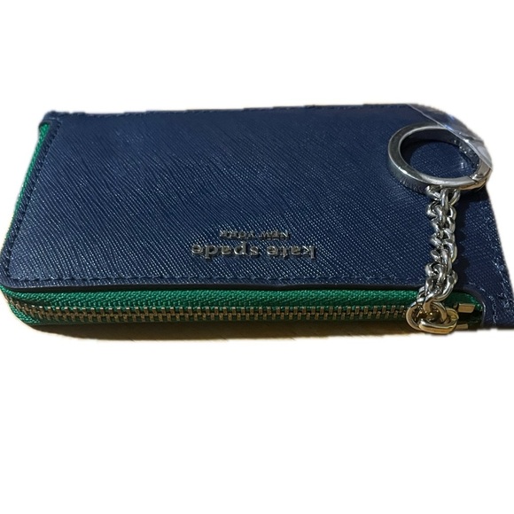 Navy, Green & White Kate Spade Leather Card Holder, Gold Zipper & Silver Accents - Picture 7 of 16